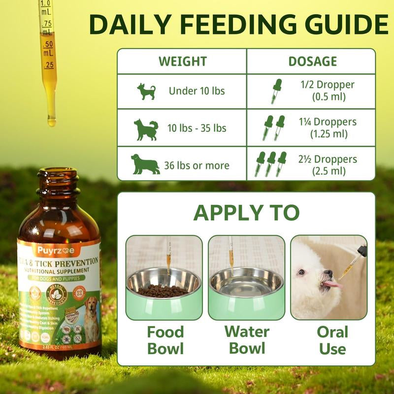 Puyrzoe Flea and Tick Support Drops for Dogs | 60ML Herbal Formula with Pumpkin Seed and Vitamins | Bacon Flavor | Suitable for All Breeds and Ages of Dogs