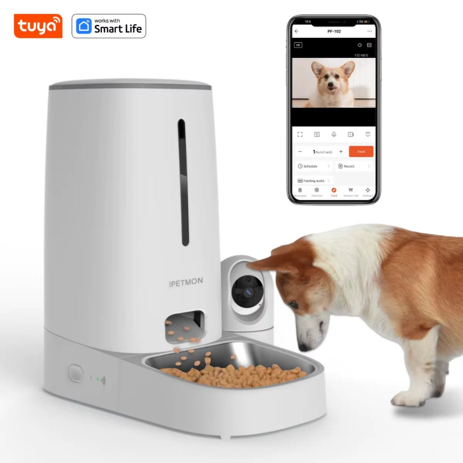 Smart pet feeder with a dog and smartphone app interface on a white background