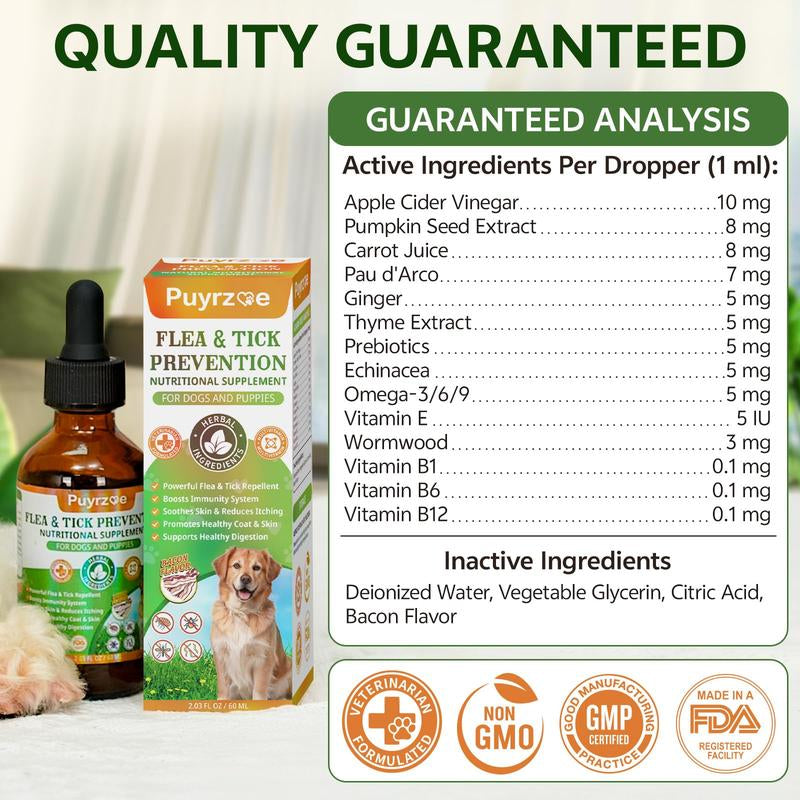 Puyrzoe Flea and Tick Support Drops for Dogs | 60ML Herbal Formula with Pumpkin Seed and Vitamins | Bacon Flavor | Suitable for All Breeds and Ages of Dogs