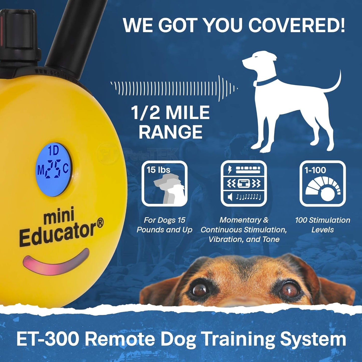 E-Collar - ET-300-1/2 Mile Remote Waterproof Trainer Mini Remote Training Collar - 100 Training Levels plus Vibration and Sound - Includes Petstek Dog Training Clicker