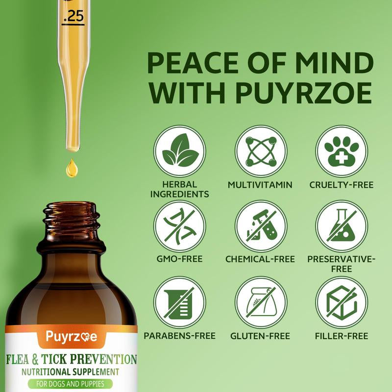 Puyrzoe Flea and Tick Support Drops for Dogs | 60ML Herbal Formula with Pumpkin Seed and Vitamins | Bacon Flavor | Suitable for All Breeds and Ages of Dogs