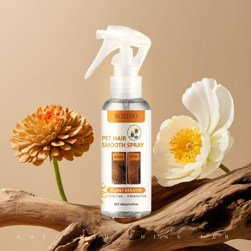 ROZINO Pet Hair Smooth Spray with Plant Keratin - 100Ml Deep Nourishing Frizz-Free Grooming Solution for Gentle Pet Coat Care Horse Shampoo Furminator Brush