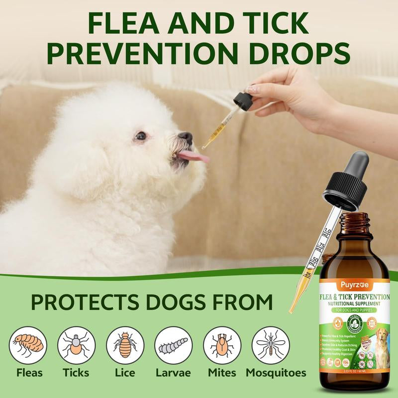 Puyrzoe Flea and Tick Support Drops for Dogs | 60ML Herbal Formula with Pumpkin Seed and Vitamins | Bacon Flavor | Suitable for All Breeds and Ages of Dogs