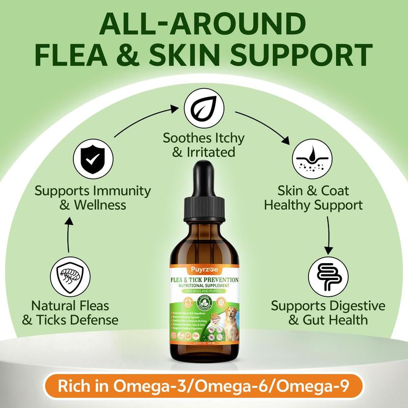 Puyrzoe Flea and Tick Support Drops for Dogs | 60ML Herbal Formula with Pumpkin Seed and Vitamins | Bacon Flavor | Suitable for All Breeds and Ages of Dogs