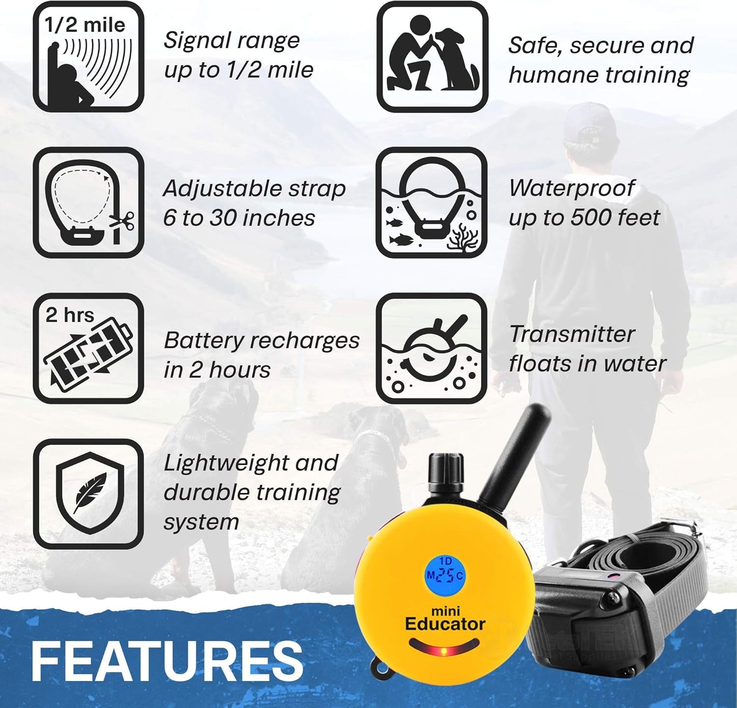 E-Collar - ET-300-1/2 Mile Remote Waterproof Trainer Mini  Remote Training Collar - 100 Training Levels plus Vibration and Sound - Includes Petstek Dog Training Clicker