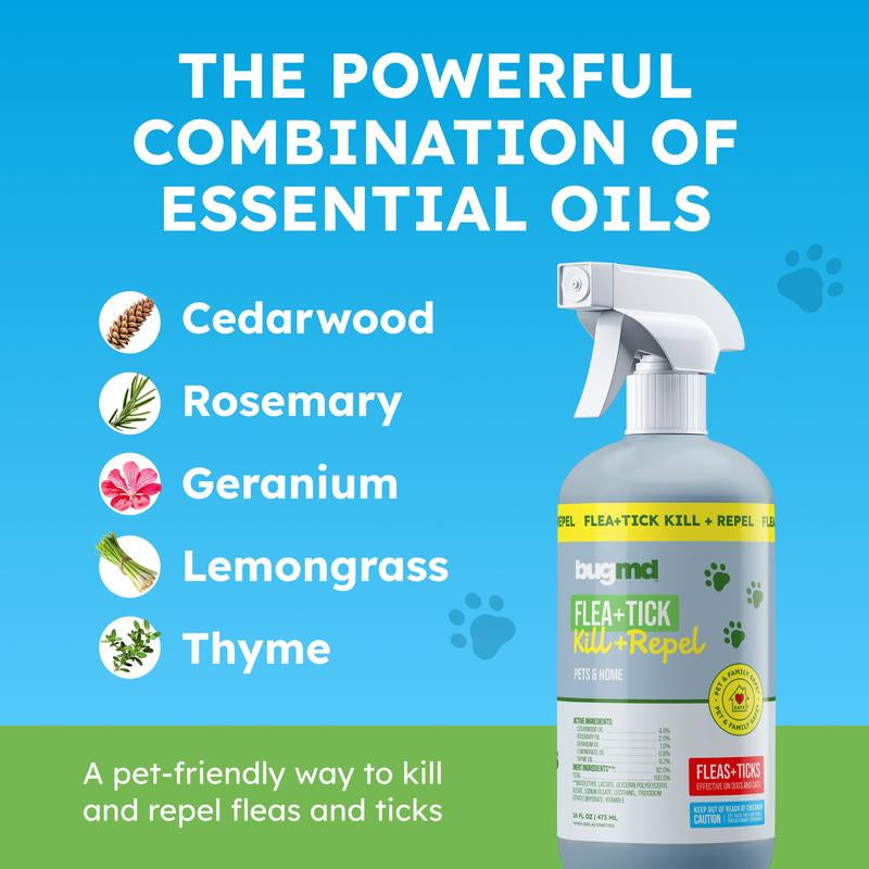 Bugmd Flea & Tick Spray for Dogs, Cats & Home – Plant-Based Formula with Cedarwood Oil – Indoor/Outdoor Use – 16 Oz