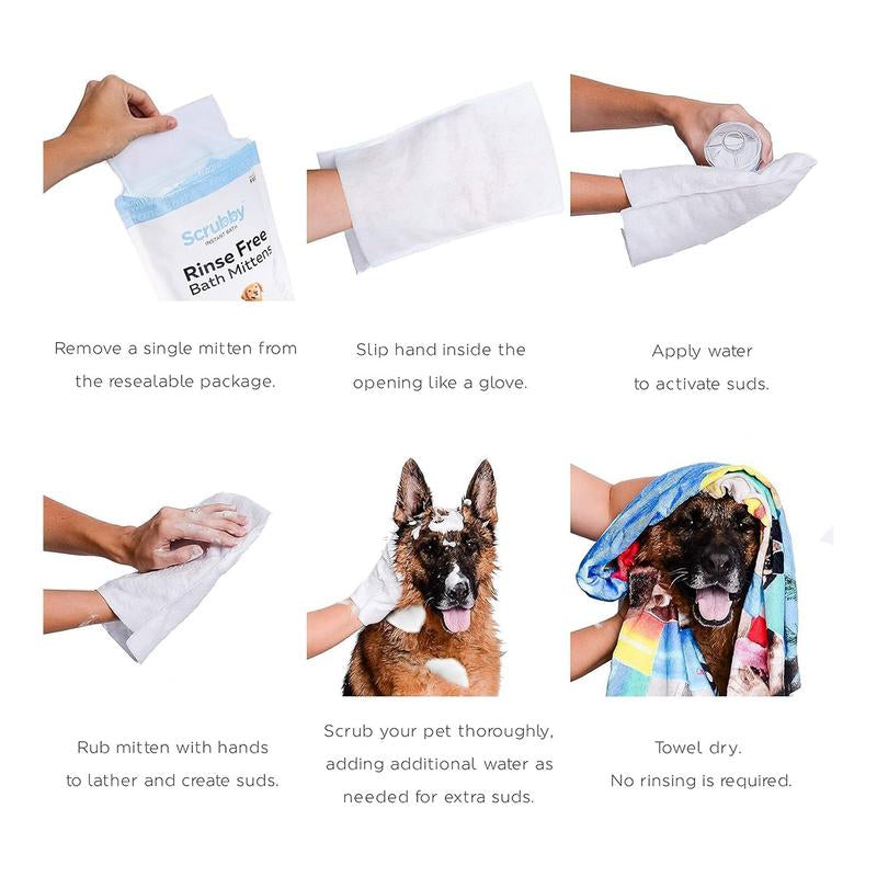 Rinse Free Shampoo Mittens for Dogs, Bath Wipes for Bathing and Washing Pets, Hypoallergenic No Rinse Wash Mitt for Grooming, Lather Wipe Dry - 5 Pack