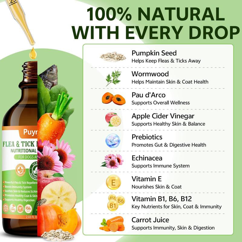 Puyrzoe Flea and Tick Support Drops for Dogs | 60ML Herbal Formula with Pumpkin Seed and Vitamins | Bacon Flavor | Suitable for All Breeds and Ages of Dogs