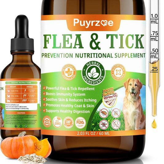 Puyrzoe Flea and Tick Support Drops for Dogs | 60ML Herbal Formula with Pumpkin Seed and Vitamins | Bacon Flavor | Suitable for All Breeds and Ages of Dogs