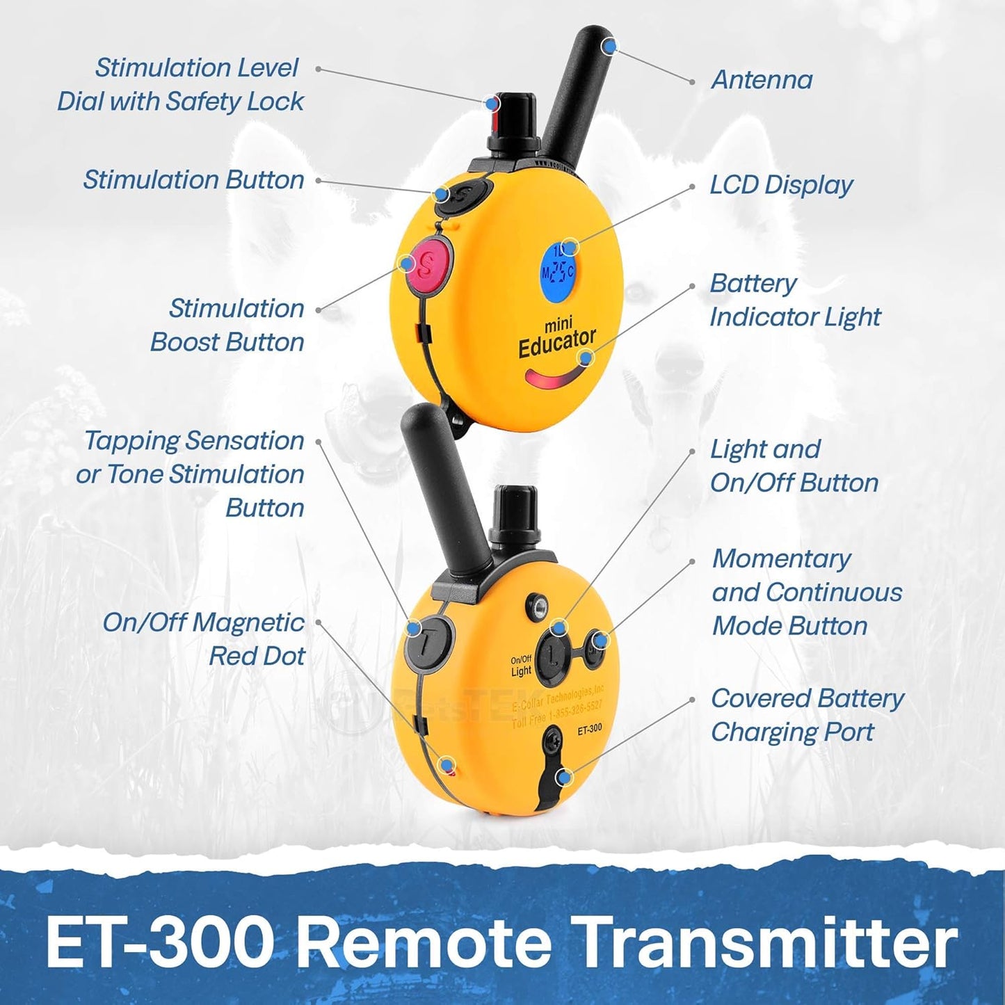 E-Collar - ET-300-1/2 Mile Remote Waterproof Trainer Mini Remote Training Collar - 100 Training Levels plus Vibration and Sound - Includes Petstek Dog Training Clicker