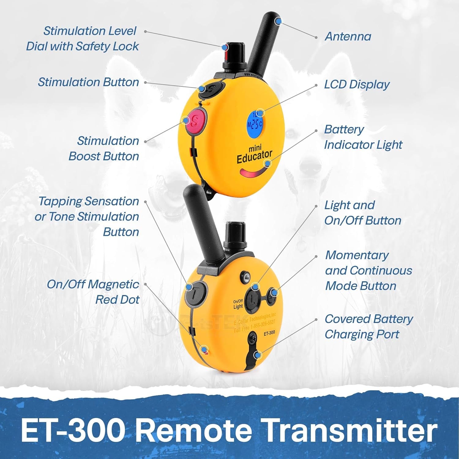 E-Collar - ET-300-1/2 Mile Remote Waterproof Trainer Mini  Remote Training Collar - 100 Training Levels plus Vibration and Sound - Includes Petstek Dog Training Clicker