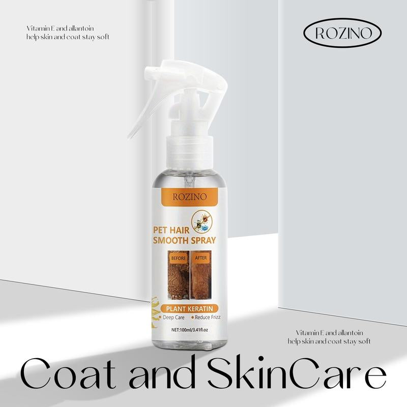 ROZINO Pet Hair Smooth Spray with Plant Keratin - 100Ml Deep Nourishing Frizz-Free Grooming Solution for Gentle Pet Coat Care Horse Shampoo Furminator Brush