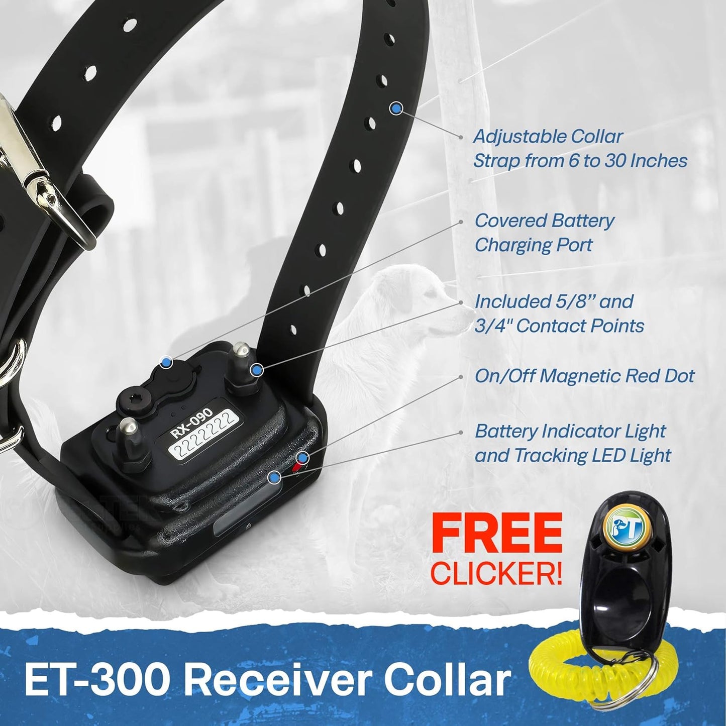 E-Collar - ET-300-1/2 Mile Remote Waterproof Trainer Mini  Remote Training Collar - 100 Training Levels plus Vibration and Sound - Includes Petstek Dog Training Clicker