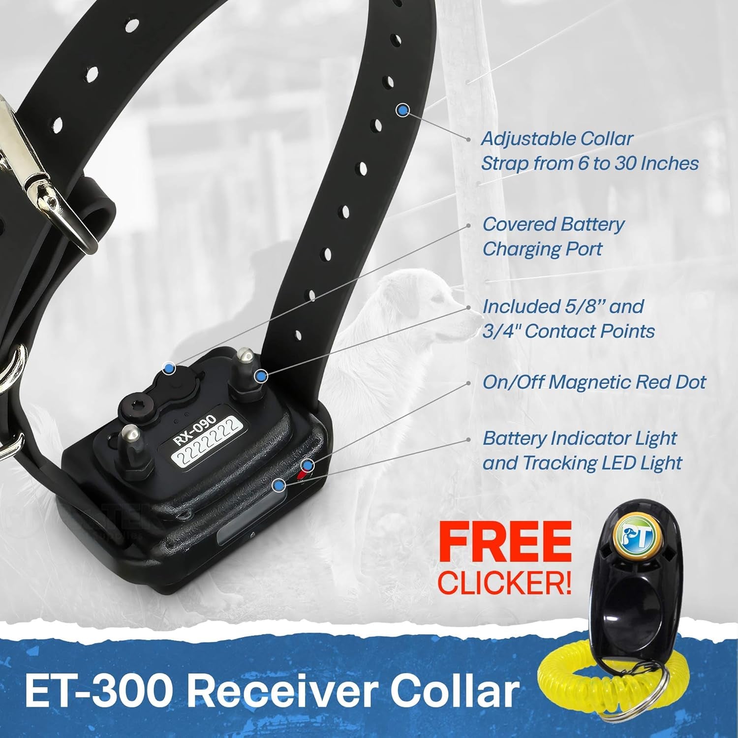 E-Collar - ET-300-1/2 Mile Remote Waterproof Trainer Mini  Remote Training Collar - 100 Training Levels plus Vibration and Sound - Includes Petstek Dog Training Clicker