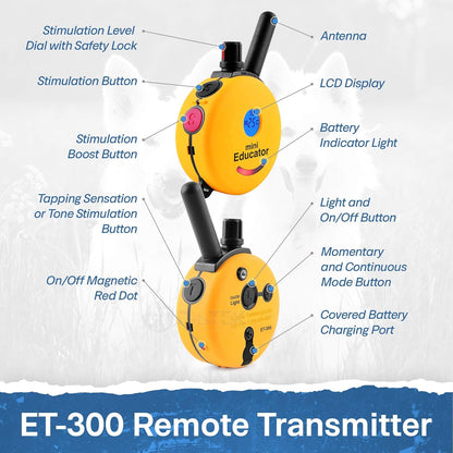 E-Collar - ET-300-1/2 Mile Remote Waterproof Trainer Mini  Remote Training Collar - 100 Training Levels plus Vibration and Sound - Includes Petstek Dog Training Clicker